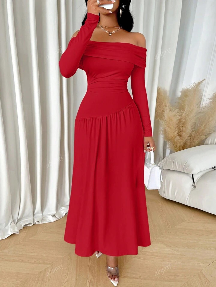 TrendsSolid Color Off Shoulder Long Sleeves Ruched Asymmetric Waist Long Dress, Women Fall Clothe... | SHEIN