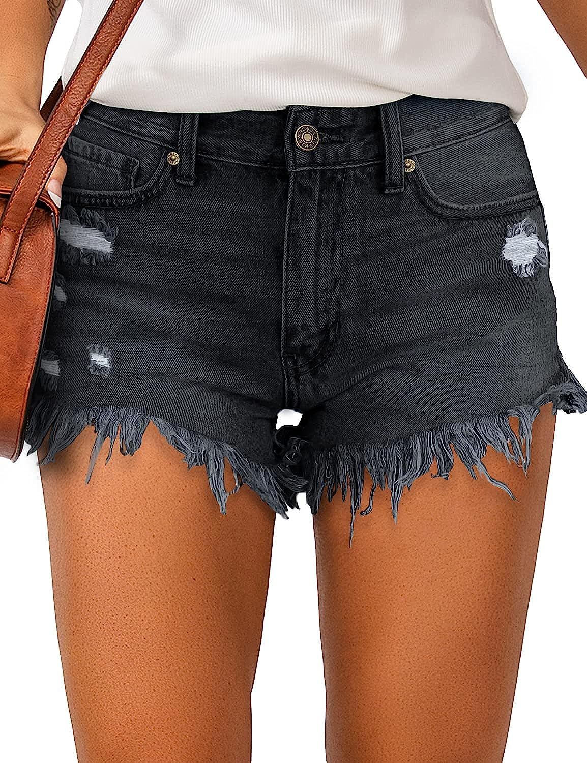 luvamia Women Casual High Waisted Denim Shorts Frayed Raw Hem Ripped Jeans Shorts | Amazon (US)