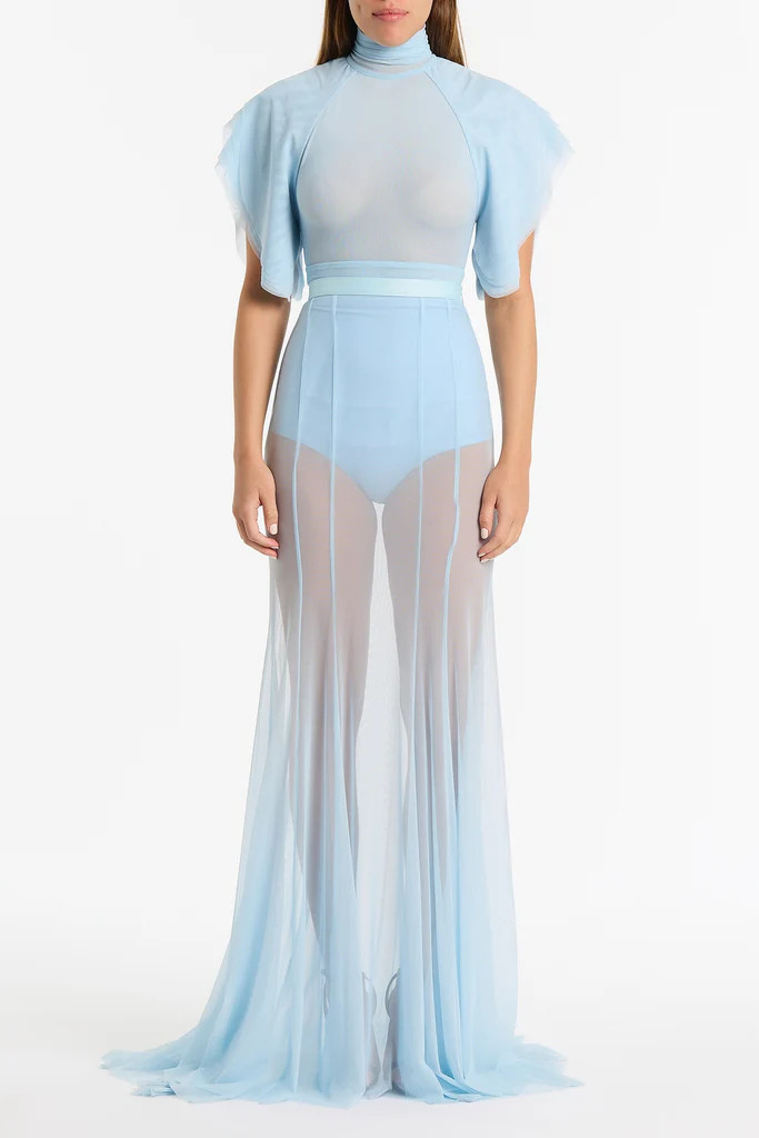 PALE BLUE PURA MESH GODET SKIRT | Carla Zampatti