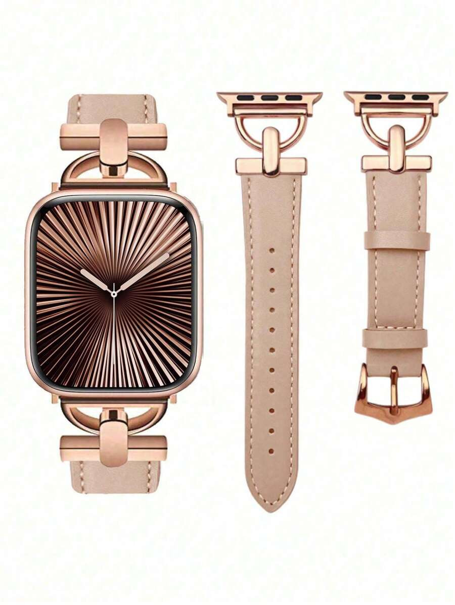Apple Watch Band, Fashion Designer Brand D Initial Rose Gold Metal Decor Soft Leather Khaki Leath... | SHEIN