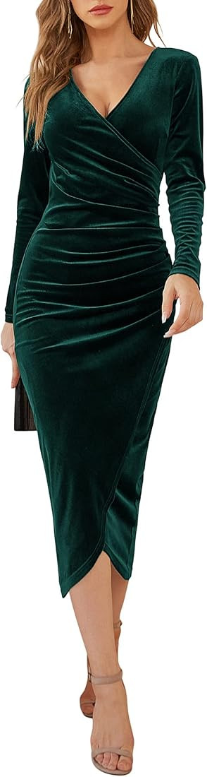 DIRASS Women's Elegant Velvet Long Sleeve Wrap V Neck Ruched Bodycon Cocktail Party Maxi Dress | Amazon (US)