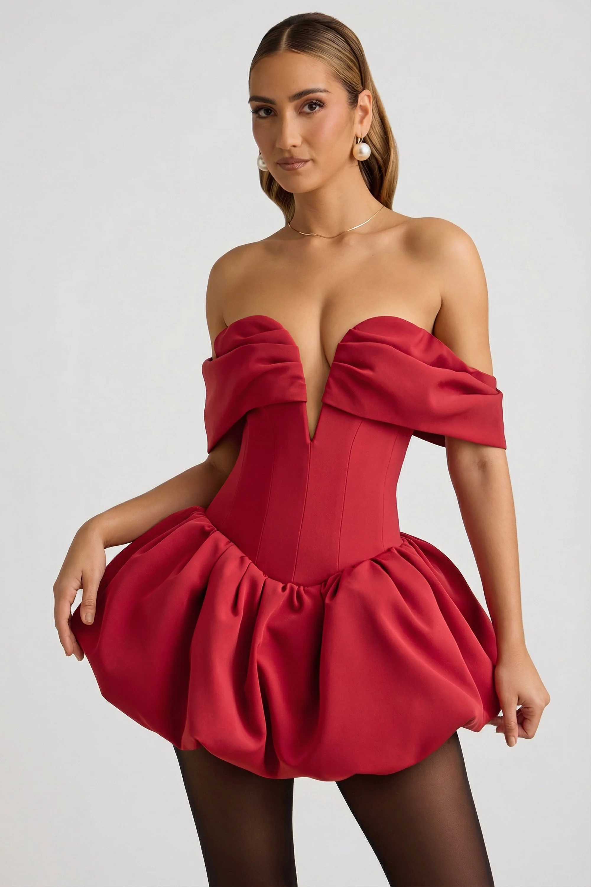 Off-Shoulder Layered Bubble Hem Corset Mini Dress in True Red | Oh Polly