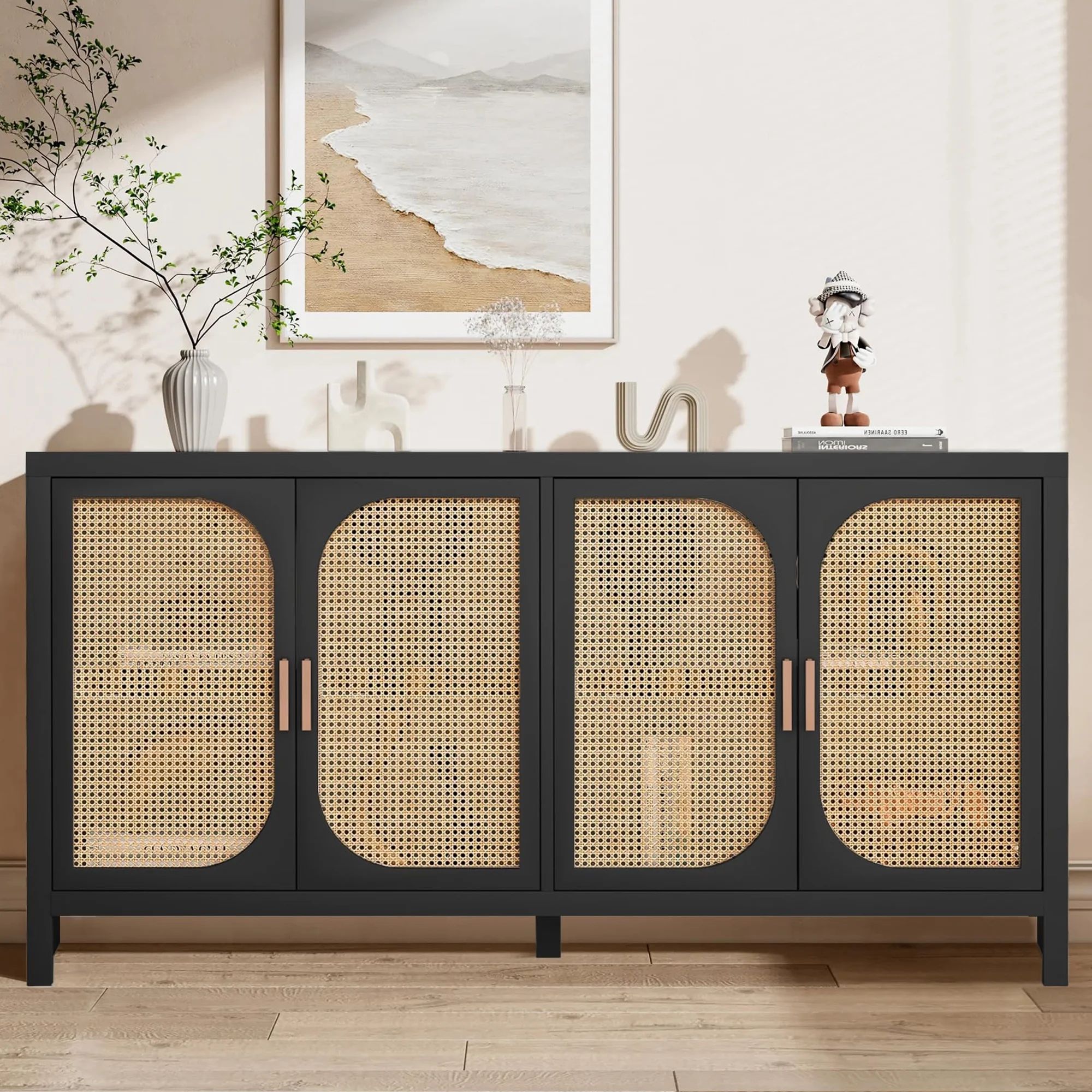 Black Buffet with 4 Doors, Sideboards and Buffets Rattan, Black Console Cabinet | Walmart (US)
