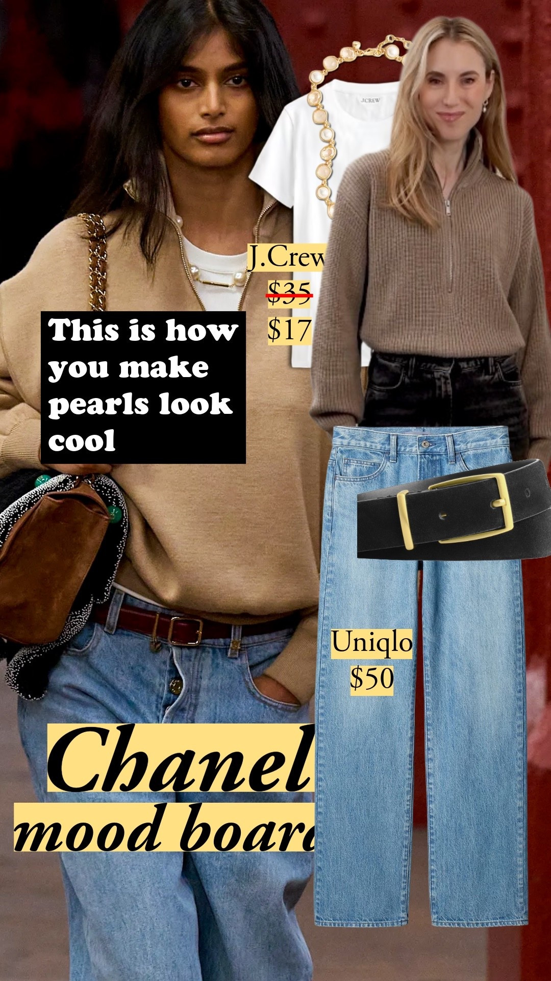 The coolest way to wear pearls comes from Chanel’s recent NYC show - add a pearl necklace to half zip sweater over a tee. Love it 🤍 Quince, Uniqlo, Cos, outfit formula, J.Crew, slouchy jeans, runway to reality, luxury vs high street, modern classic style, quarter zip, cashmere sweaters, merino wool, vintage tee

#LTKFindsUnder50 #LTKWorkwear #LTKootd