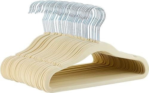 Amazon Basics Kids Velvet, Space Saving, Non-Slip Clothes Hangers for Infant and Toddler, Durable, 11.6 inches (for baby clothes), Pack of 50, Beige | Amazon (US)