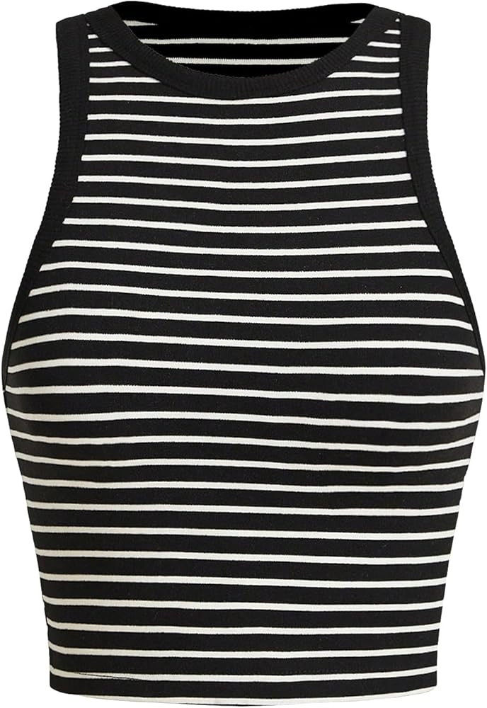 MakeMeChic Women's Casual Sleeveless Striped Printed Crop Tank Top Crewneck Slim Fitted Summer Ve... | Amazon (US)