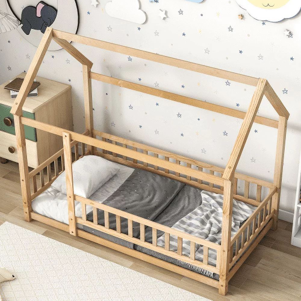 Twin Size Floor Bed with Fence for Kids and Toddlers, Montessori Bed Playhouse Bed with Roof, Sol... | Walmart (US)