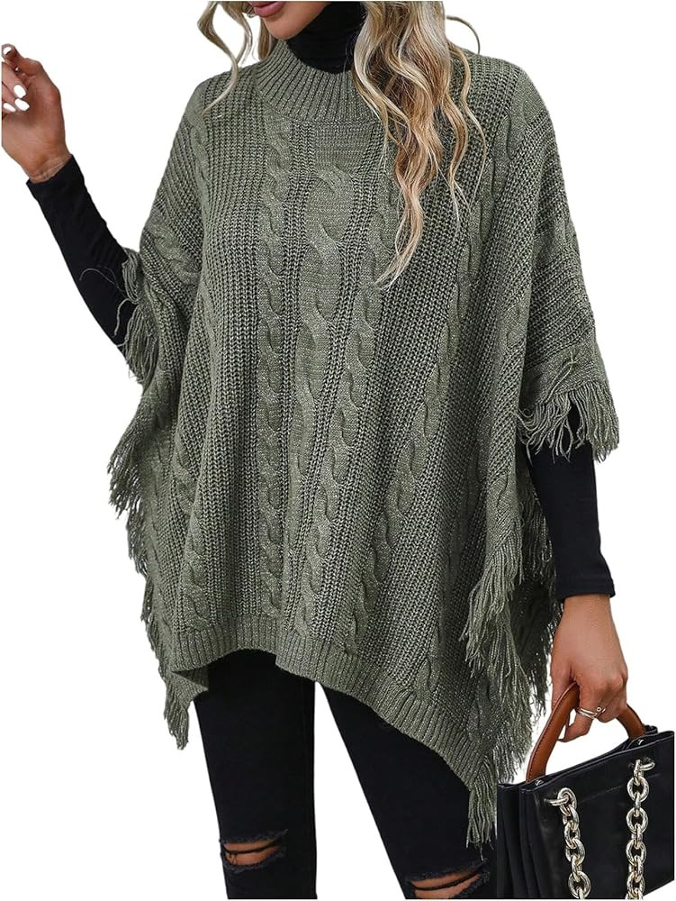 SOLY HUX Women's Poncho Sweater Fringe Shawl Mock Neck Half Sleeve Knit Asymmetrical Cape Trendy ... | Amazon (US)