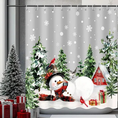 Merry Christmas Shower Curtain Cute Snowman Shower Curtain With 12 Hooks Red Buffalo Check Plaid Xmas Trees Winter Snowflake Holiday Christmas Home Ba | Wayfair Professional