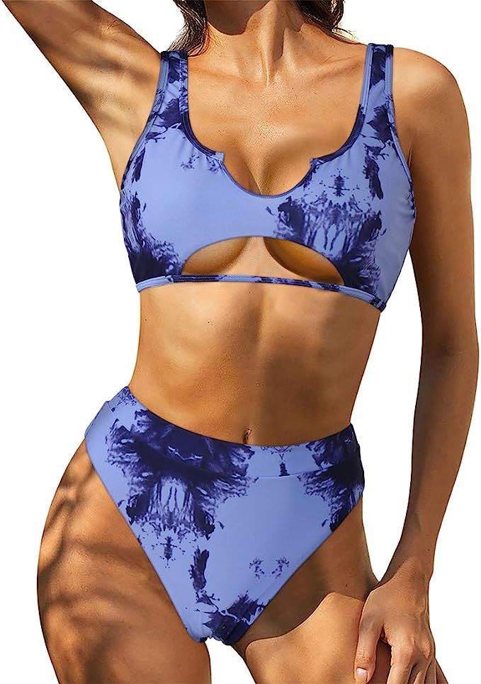 RUUHEE Women Cutout Cheeky High Waisted Tie Dye Sporty 2 Piece Bikini | Amazon (US)