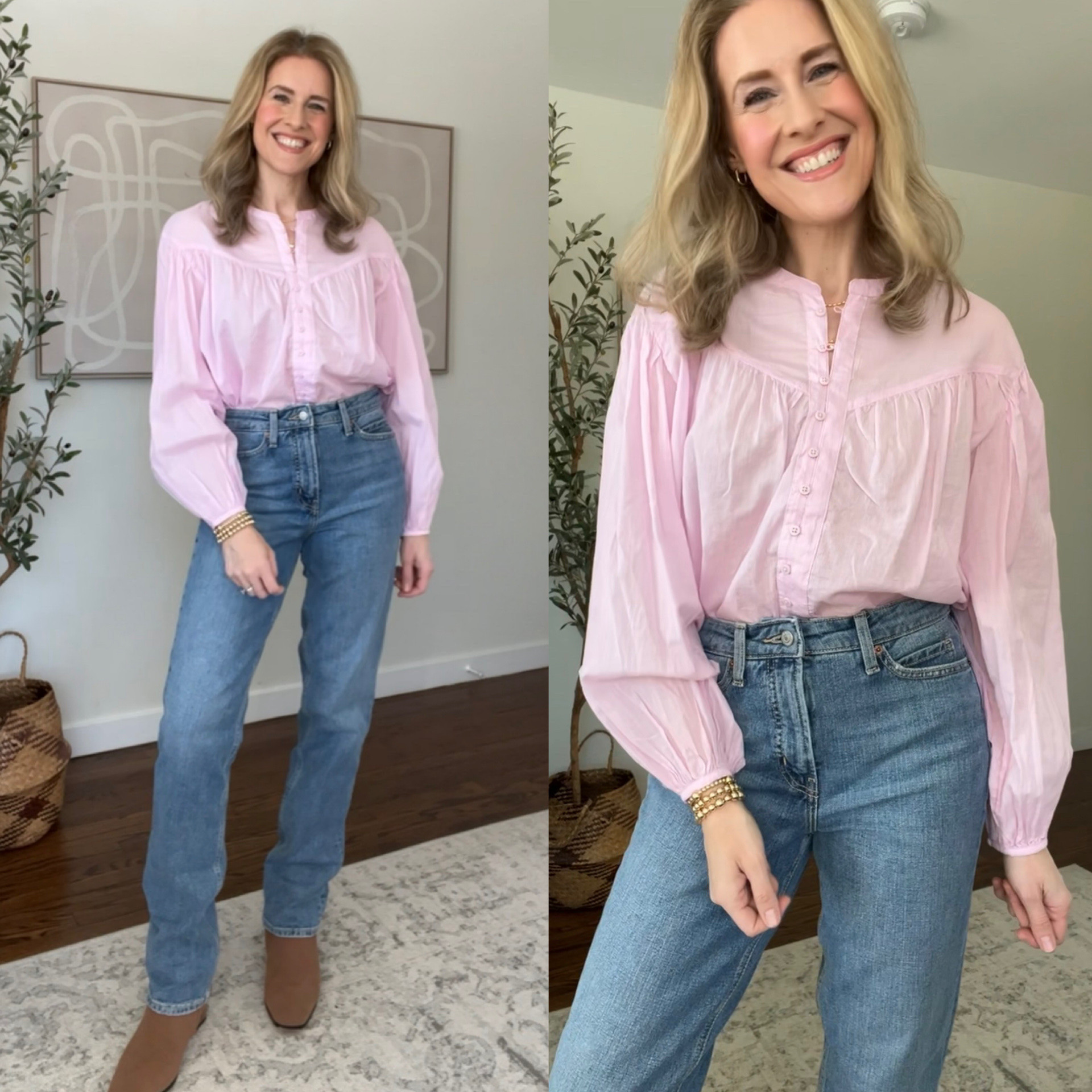 Walmart cotton long sleeve peasant blouse, also comes in floral. Fits tts. Old Navy extra high waisted jeans come in lengths, fit tts. #walmartfashion 