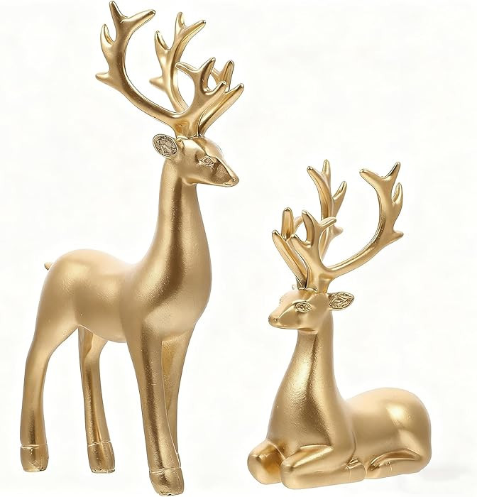 2Pcs Christmas Reindeer Figurines, Resin Reindeer Sculpture, Gold Elk Statues Decor for Living Ro... | Amazon (US)