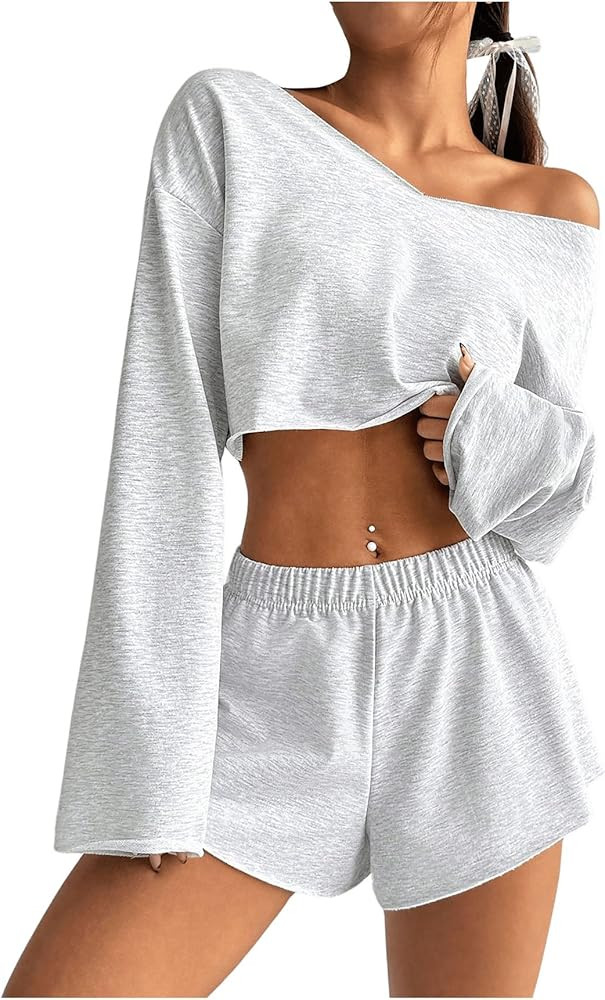 SOLY HUX Women's Sweatsuits 2 Piece Lounge Set Off The Shoulder Long Sleeve Crop Top and Shorts O... | Amazon (US)