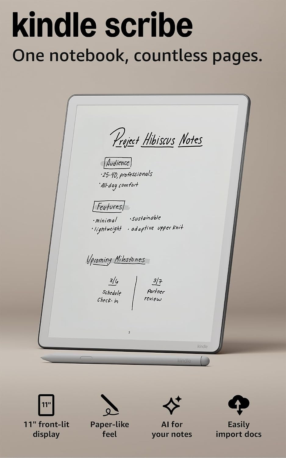 Amazon Kindle Scribe 32GB (newest model) — 11” display with front light, paper-like feel, and no distractions — Write in notebooks, docs, and books. Pen included - Graphite | Amazon (US)