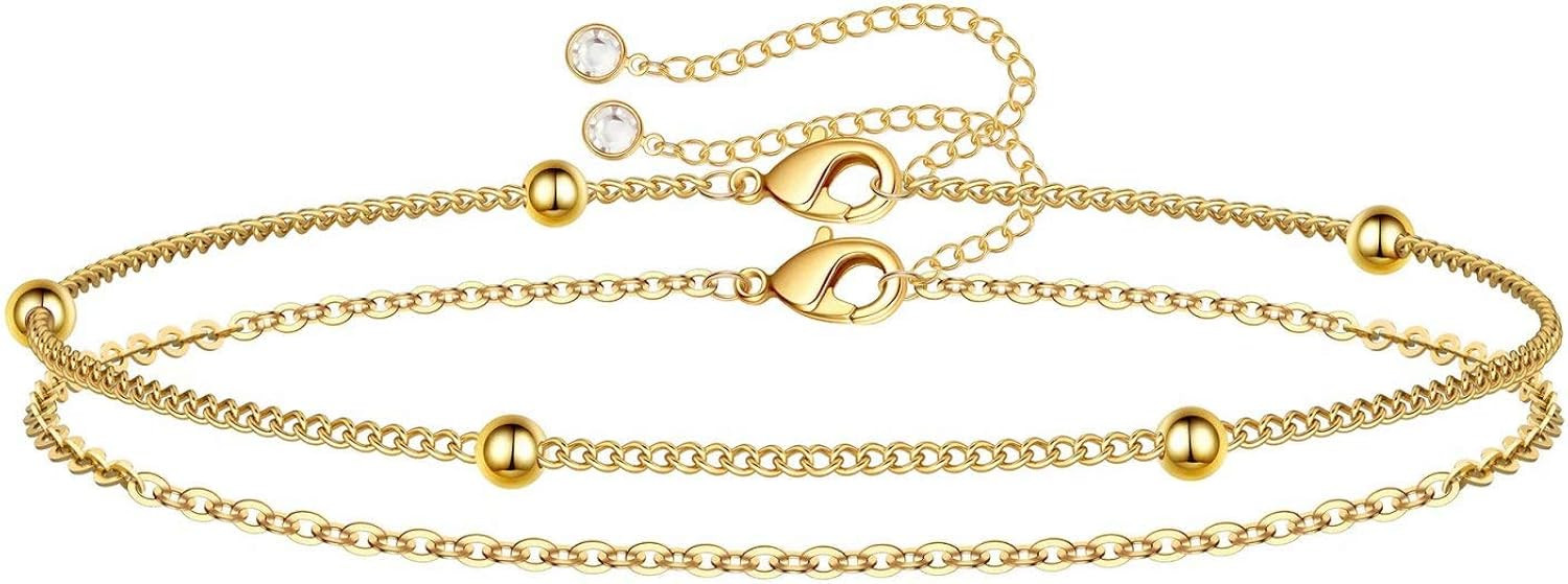 Dainty Gold Bracelets for Women, 14K Gold Filled Adjustable Layered Bracelet Cute Evil Eye Oval C... | Amazon (US)