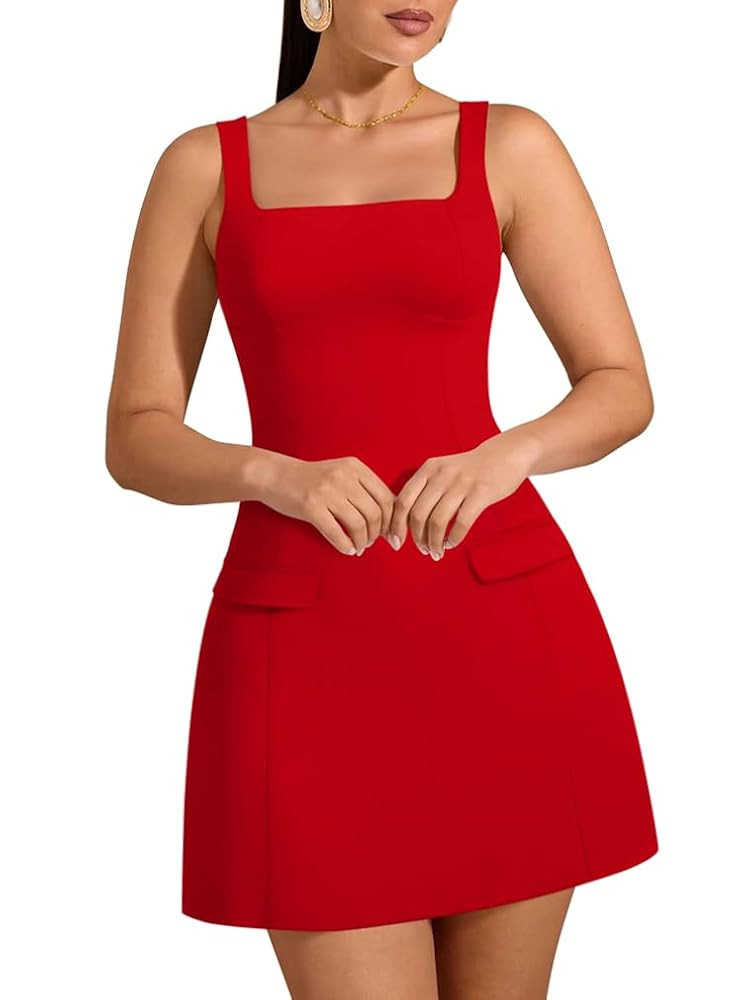 HYZ Women's Summer Sexy Square Neck Sleeveless A-Line Party Tank Top Mini Dress | Amazon (US)