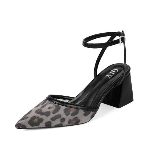 QIY Mesh Heels for Women Closed Toe Leopard Heels Women Pointed Toe Leopard Strappy Mesh Heel Pumps Pointy Sling Back Slingback Low Short Chunky Block Heel Dress Shoes Size 10 | Amazon (US)