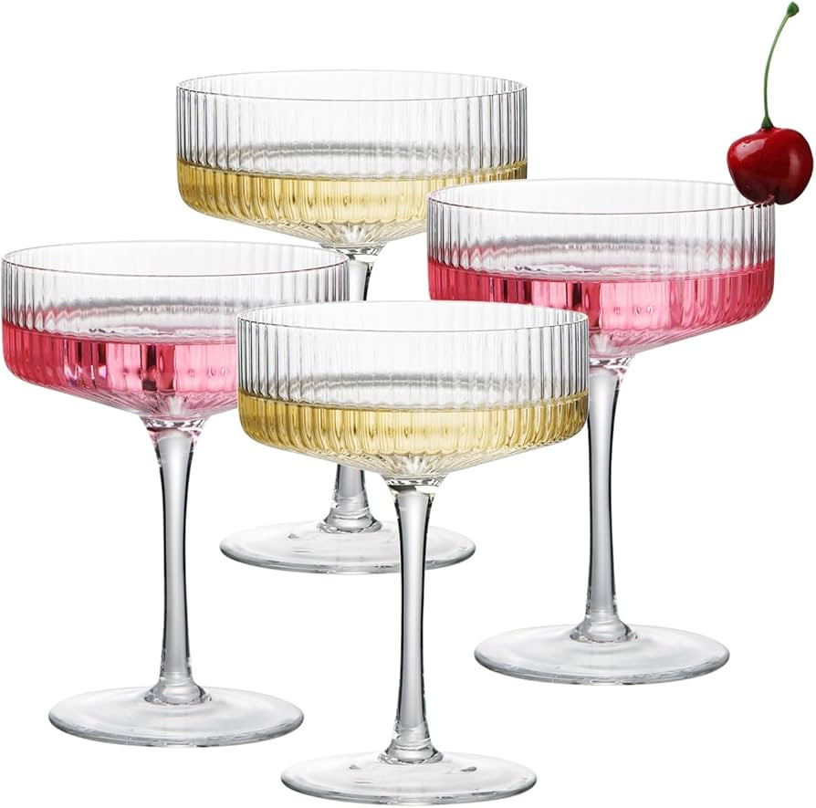 4 Pcs Ribbed Coupe Glasses, 10 oz Vintage Cocktail Coupe Glasses Set, Unique Martini Glass, Class... | Amazon (US)