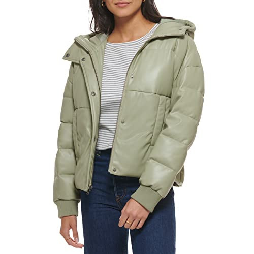 Levi's Women's Cinch Waist Puffer Jacket, Sea Green Faux Leather With Hood, Small | Amazon (US)