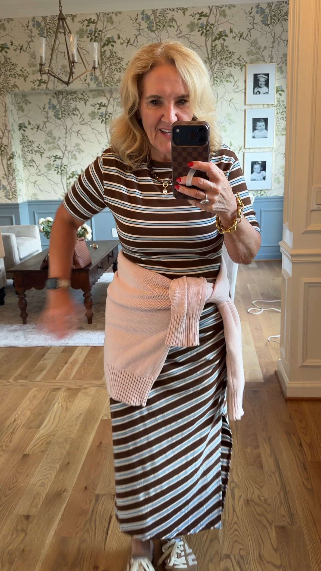 Tshirt dress size medium 
This is. Quince cotton sweater I tied around my waist

#LTKOver40 #LTKootd #LTKdayinmylife