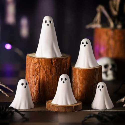 Amyhill 5 Pcs Halloween Ghost Figurine Resin Ghost Sculpture Statue Cute White Ghosts Halloween Decorations Spooky Tiered Tray Decor for Indoor Home Table Centerpieces Party Kitchen Tabletop Shelf | Amazon (US)