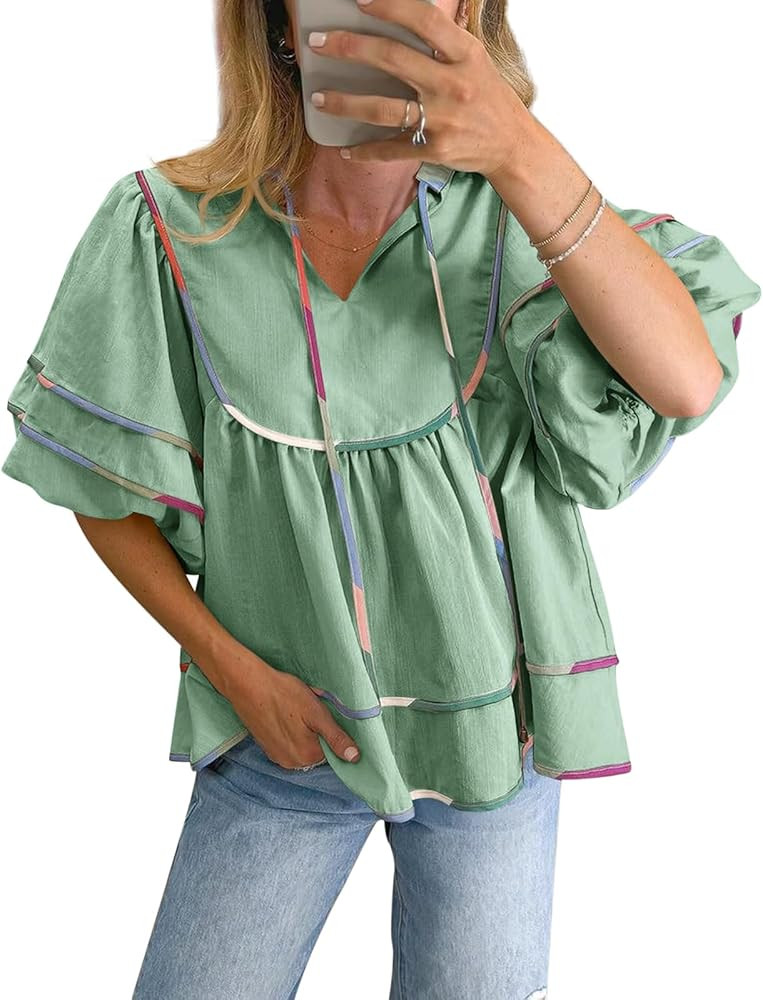 Cicy Bell Womens Summer Babydoll Tops V Neck Short Lantern Sleeve Shirts Cute Loose Fit Peplum Fl... | Amazon (US)