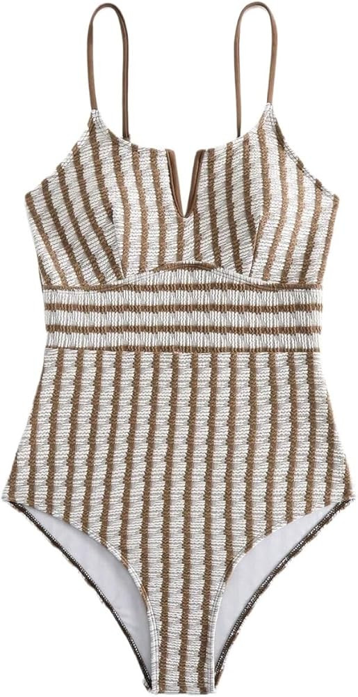 Women's High Stretch Striped One Piece Swimsuit Spaghetti Strap Monokini for Beach & Vacation | Amazon (US)