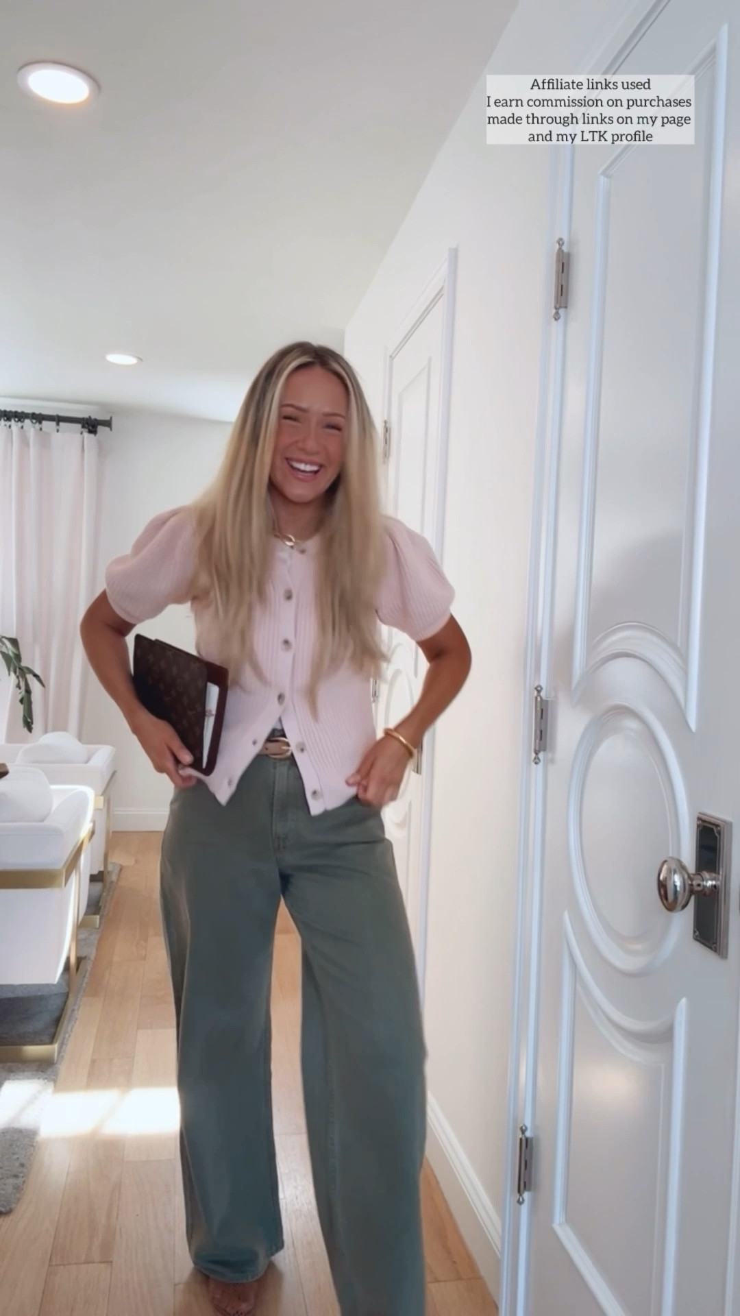 Cute casual spring outfit

Pink sweater short sleeves
Abercrombie jeans olive green wide leg
Amazon mesh flats 