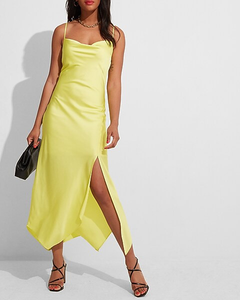 Satin Cowl Neck Asymmetrical Hem Maxi Slip Dress | Express
