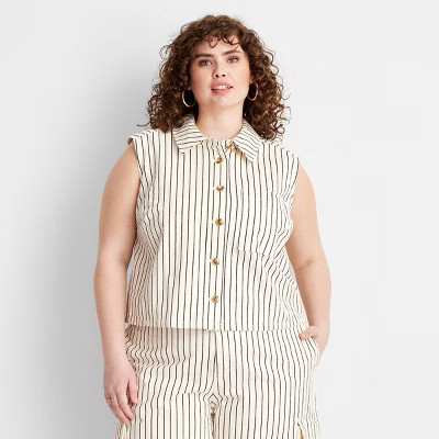 Women's Collared Button-Down Shirt - Future Collective Black Striped 4X: Sleeveless, Front Pocket, Woven Cotton | Target