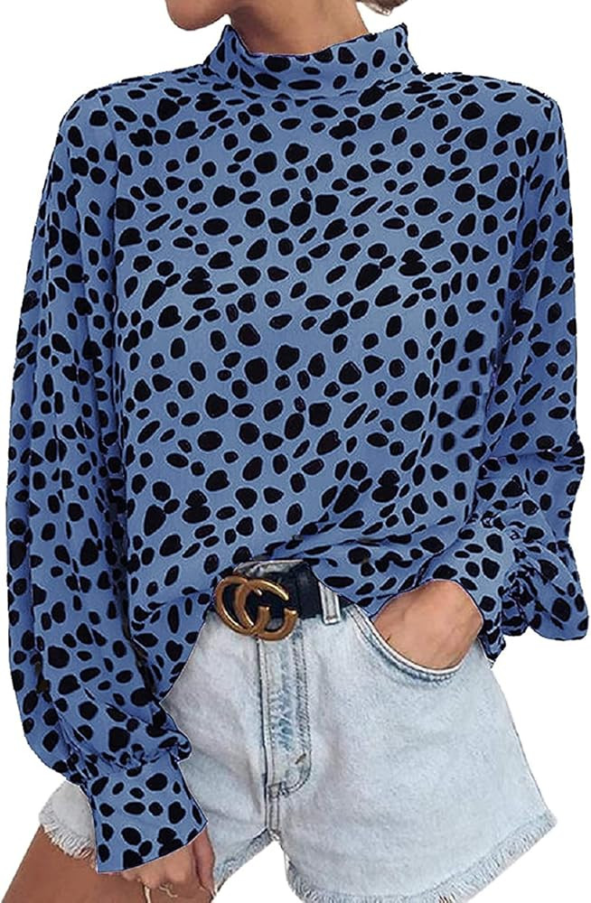 Valphsio Womens Long Sleeve Turtleneck Blouse Leopard Print Loose Nightout Shirt Tops | Amazon (US)