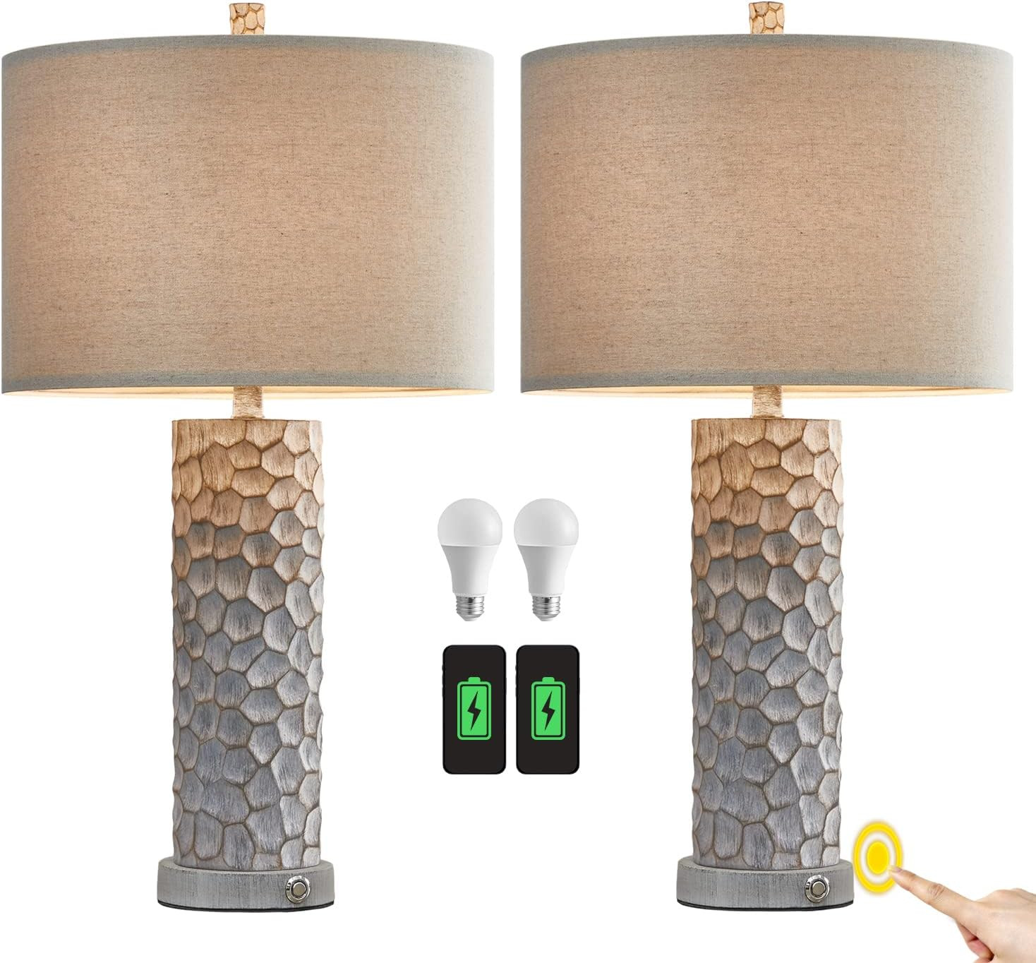 PoKat 3 Way Dimmable Touch Table Lamp Sets of 2 for Living Room Bedroom Rustic Farmhouse Bedside ... | Amazon (US)