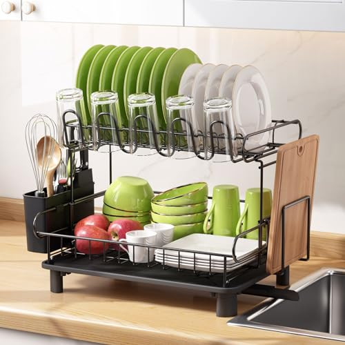 MAJALiS Dish Drying Rack for Kitchen Counter, 2 Tier Large Dish Drainers, Stainless Steel Dish Strainer with Drain Board, Utensil Holder and Chopping Board Rack (Black) | Amazon (US)