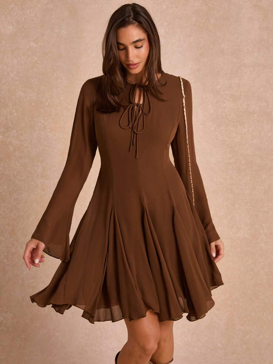 Enchnt Premium Pre-Fall Romantic Women's Elegant Brown Slimming Short Dress,Casual Dress,Festival Outfits,Homecoming,Party Dress,Work Outfits,New Year | SHEIN