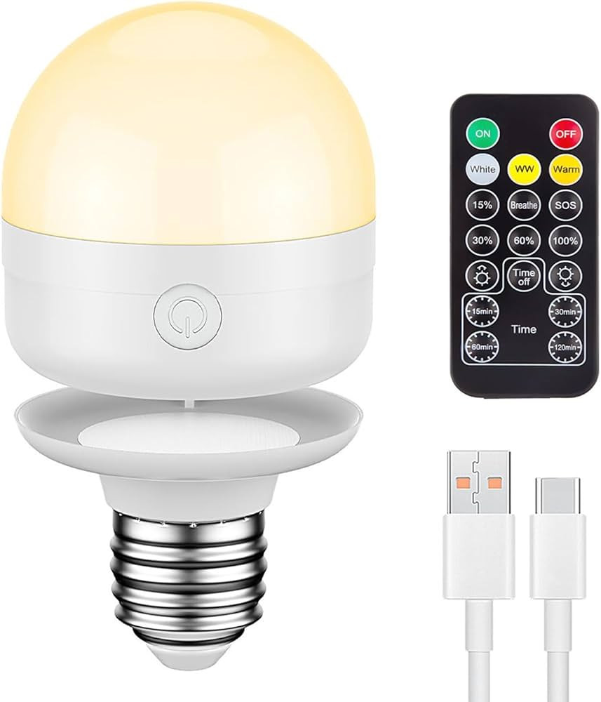SCOPOW Rechargeable Light Bulbs with Remote Control Timer and 3 Color Temperature Rechargeable Battery Operated Light Bulb (E26, 1) | Amazon (US)