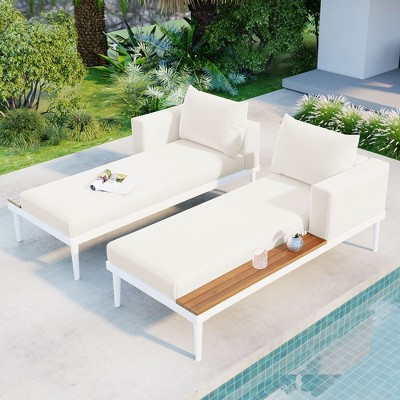 Modern Outdoor Patio Daybed with Wood Topped Side Spaces for Drinks, All Weather Chaise Lounges Reclining Chairs with Fixable Cushion Beige | Target