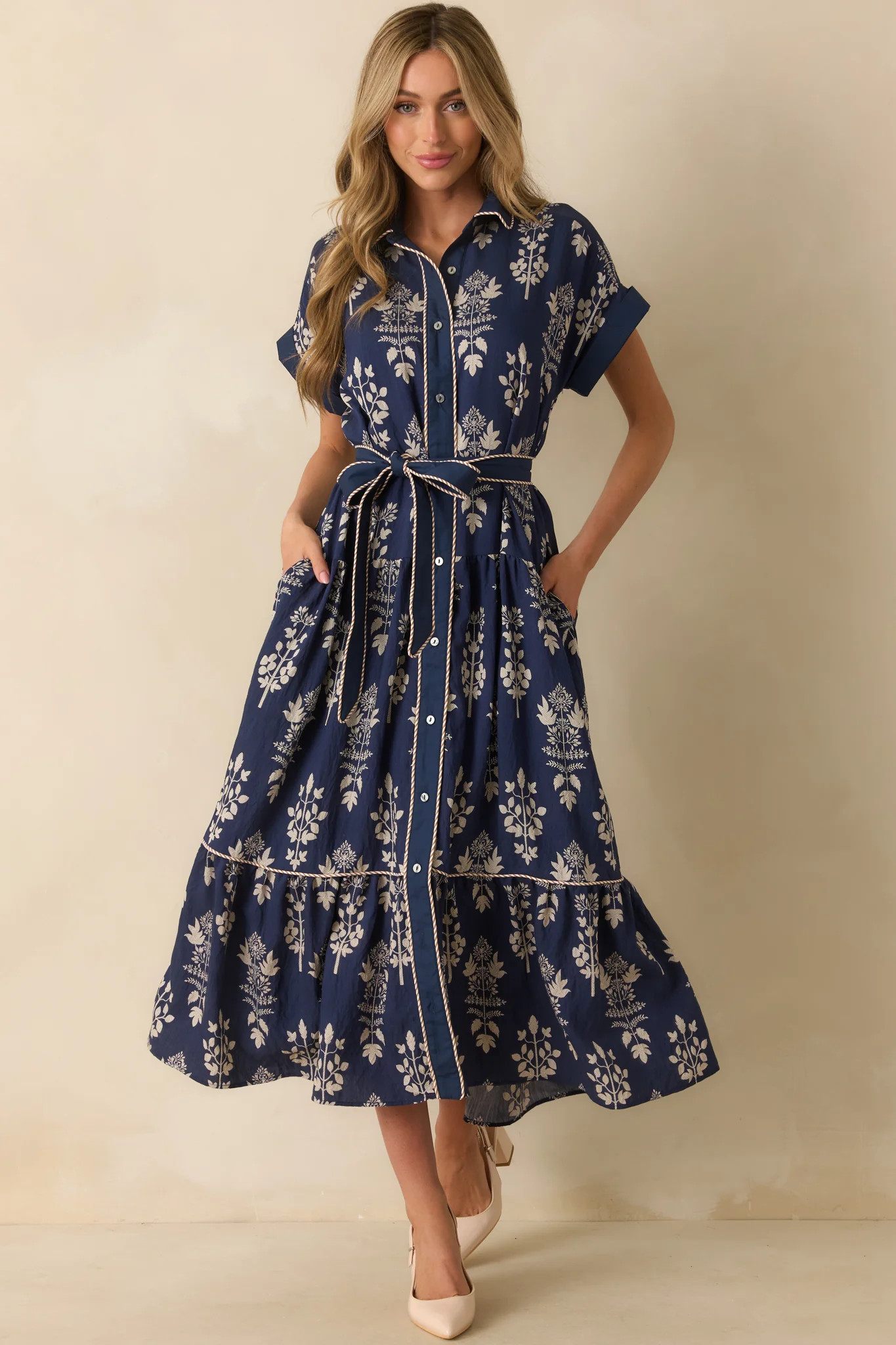 Keep Moving Forward Navy Multi Floral Print Belted Maxi Shirt Dress | Red Dress