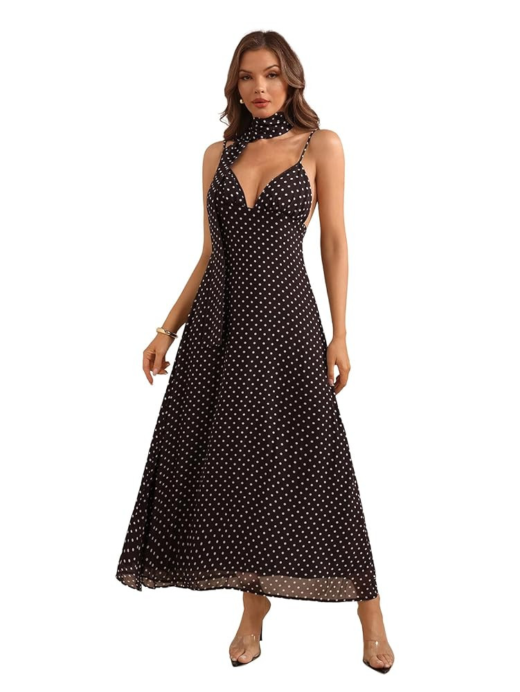 Women's Polka Dots Tie Backless Dress Deep V Neck Spaghetti Strap Maxi Dresses with Scarf | Amazon (US)