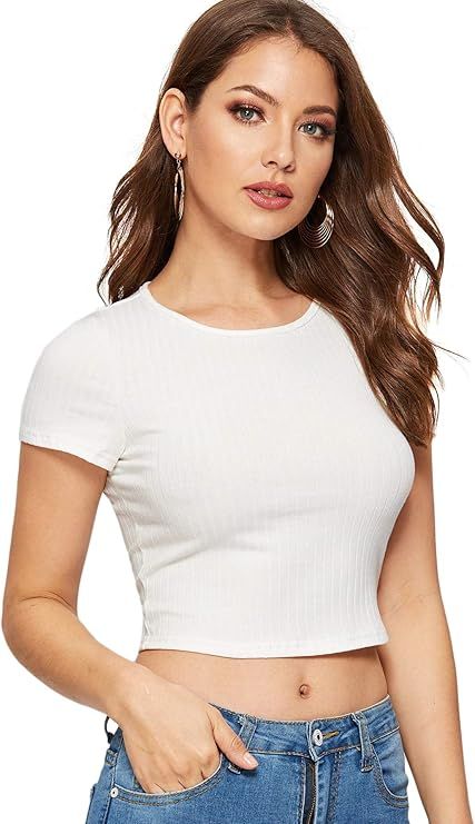 SweatyRocks Women's Basic Short Sleeve Crop Top Slim Fit T-Shirt Tops | Amazon (US)