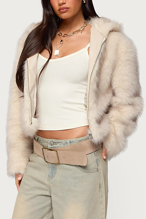 Edikted Beyonca Hooded Faux Fur Jacket in Beige, Women's at Urban Outfitters | Urban Outfitters (US and RoW)