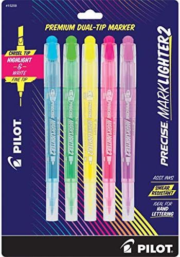 PILOT Precise Marklighter2 Premium Dual-Tip Highlighter, Chisel & Fine Tip, Assorted Colors, 5 Count | Amazon (US)