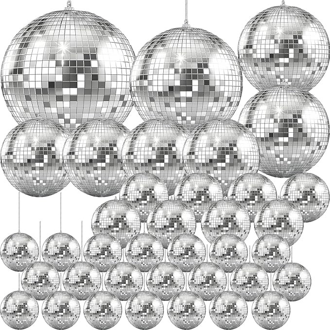 The Dreidel Company Mirror Disco Ball 36-Pack Variety of Sizes, Silver Hanging Ball with Attached... | Amazon (US)