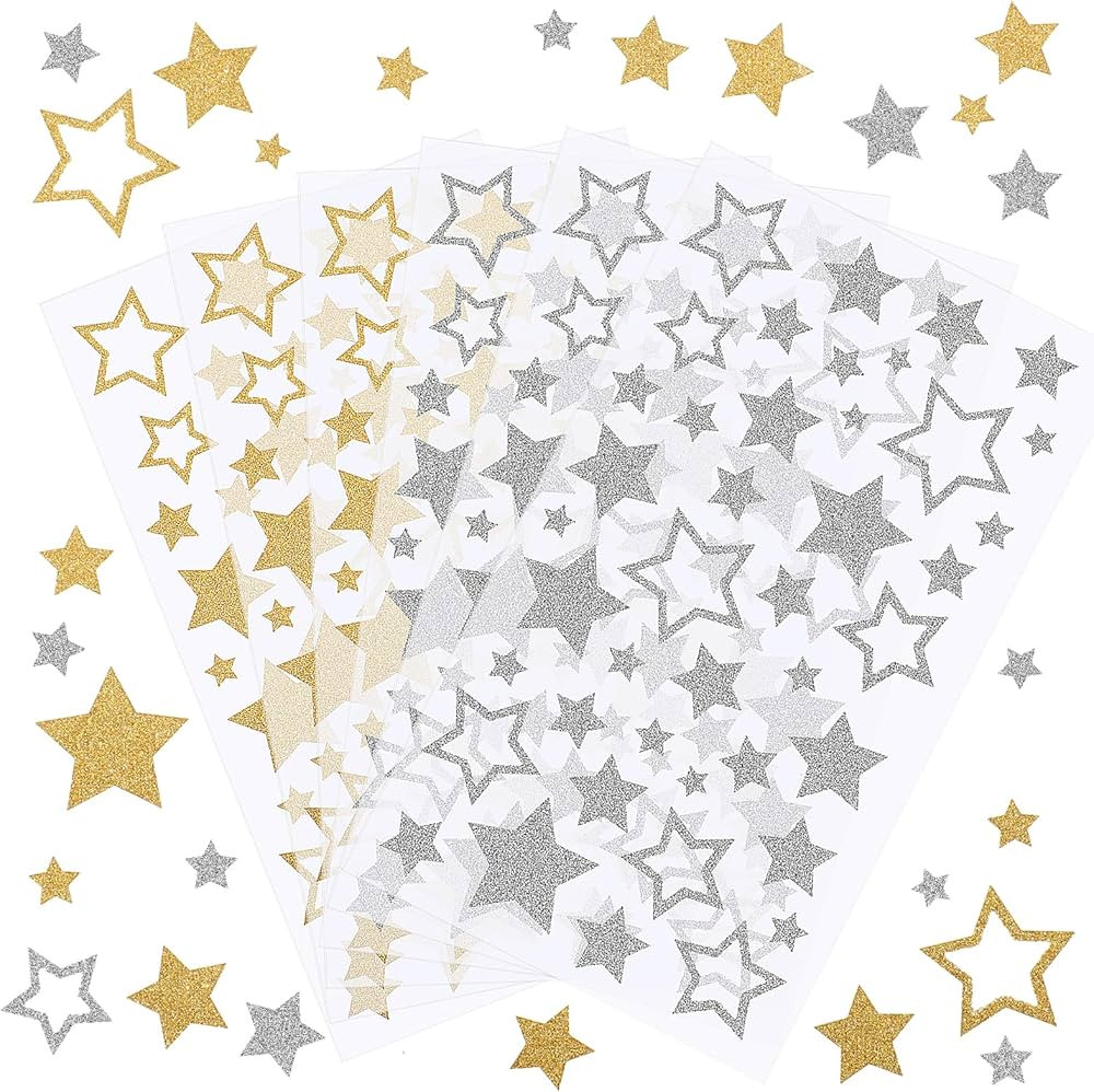 6 Sheets Glitter Star Stickers, Self-Adhesive Assorted Star Labels Gold Silver Star Decals for Cr... | Amazon (US)