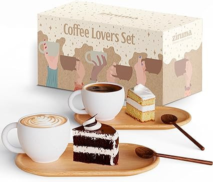Ziruma Coffee Cups, Serving Plates & Spoons Set of 2. Ceramic Mugs for Cappuccino, Latte & Tea, W... | Amazon (US)