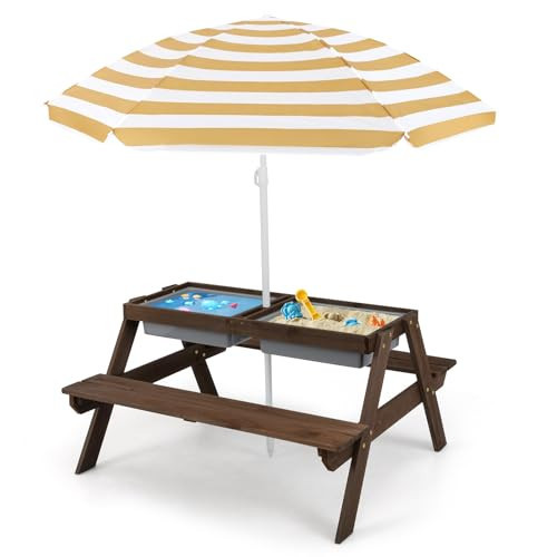 Costzon Kids Picnic Table with Sensory Bins, 4 in 1 Sand and Water Table with Height Adjustable Umbrella, Removable Tabletop for Outdoor Backyard Patio Play | Amazon (US)