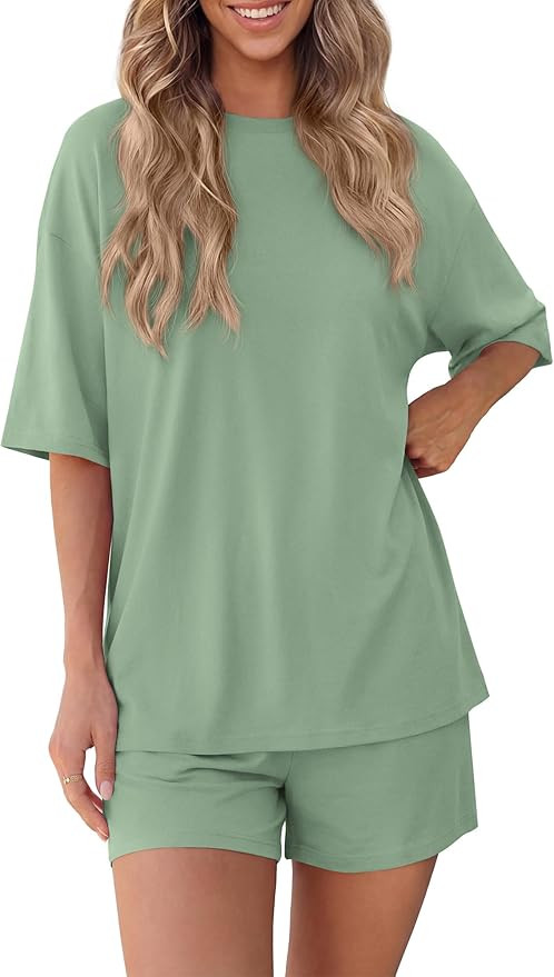 BTFBM Two Piece Sets For Women Summer Outfits Short Sleeve Tops Lounge Shorts Sets Oversized Matc... | Amazon (US)