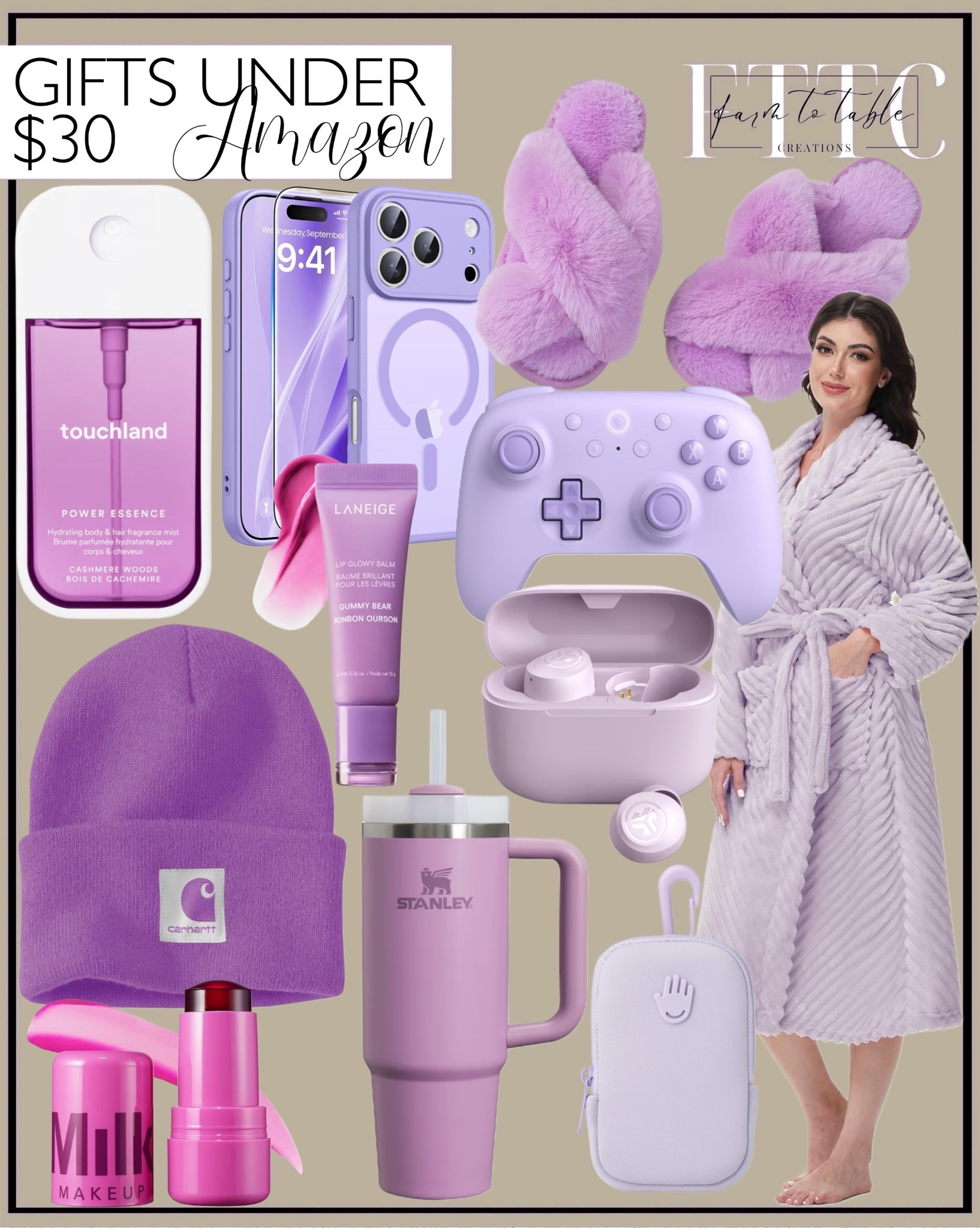 Lavender Gift Ideas Under $30 
Follow @farmtotablecreations on Instagram for more home & gift inspiration.

Soft lavender tones make the sweetest budget-friendly gifts, and every one of these finds is under $30. Cozy slippers, the plush robe, my go-to lip glow balm, the viral Stanley dupe, Touchland mist, a Carhartt beanie, gaming controller, and the cutest tech accessories—all perfect for teachers, teens, stocking stuffers, and last-minute gifting. Such easy add-to-cart ideas that feel thoughtful, cozy, and fun.

#amazonfinds #giftideasunder30 #budgetfriendlygifts #amazonhome #giftguide2025 #cozygifts #amazonmusthaves #holidaygiftguide #stockingstuffers #amazonbeauty #amazonfashion #gifthub #giftguideforher #purpleset

#LTKGiftGuide #LTKBeauty #LTKSaleAlert