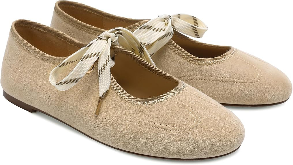 Lace up Round Toe Ballet Flats for Women Cute Slip on Soft Mary Jane Flats Casual Ballerina Shoes | Amazon (US)