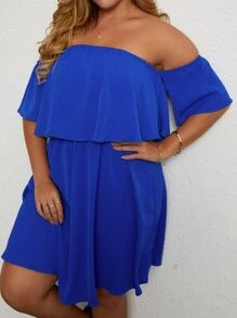 Plus Solid Ruffle Backless Bardot Dress | SHEIN