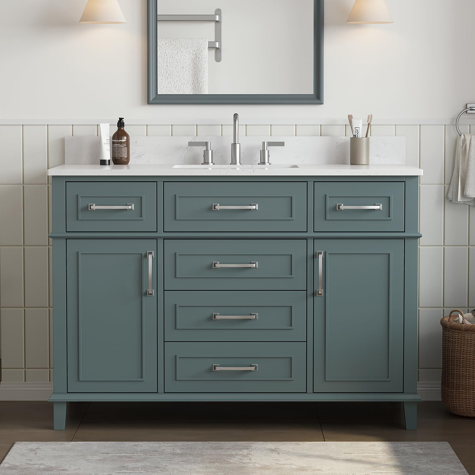 48 Inch Bathroom Vanity with Sink, Modern Bathroom Vanity with Engineered Stone Countertop, Solid... | Amazon (US)